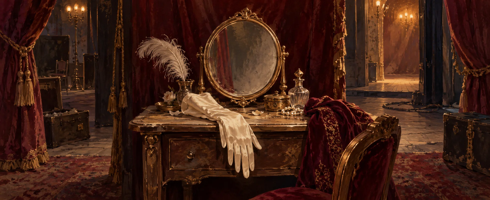 An ivory opera glove rests beside an unmarked round mirror on a dusty dressing table in warm stage light.