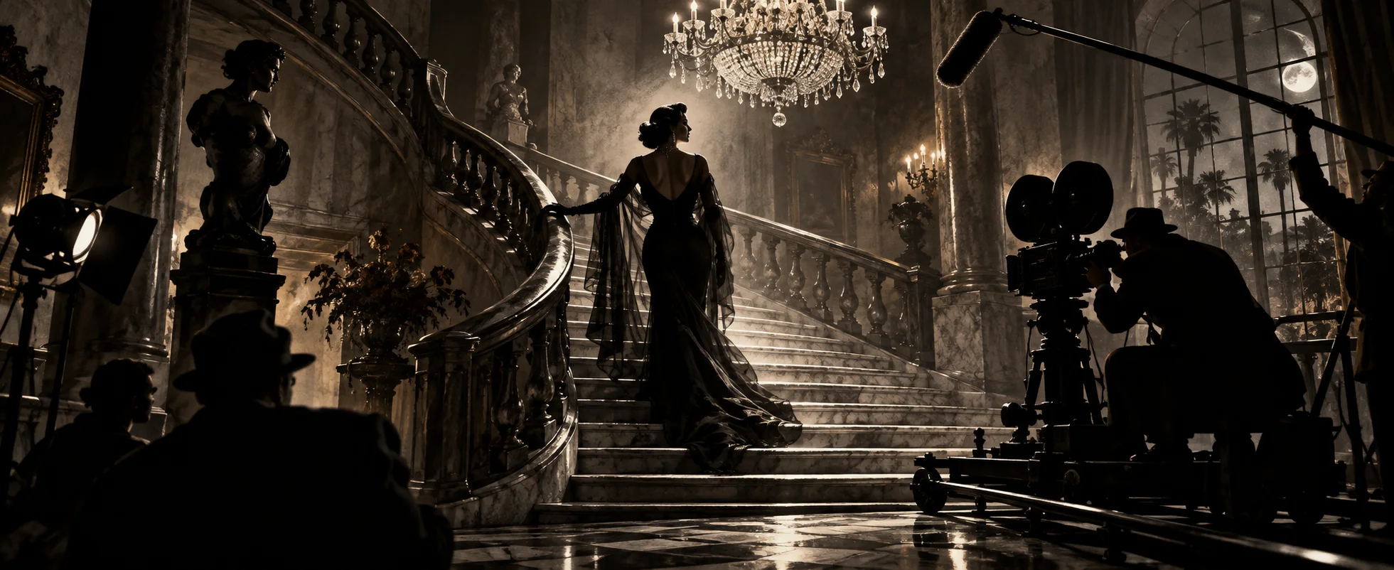 A faded star in a black gown descends a grand staircase toward a film camera and a waiting crew in a dark mansion.