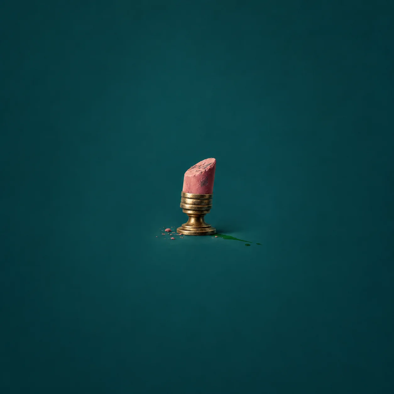 A worn pink eraser stands on a brass pedestal beside green smudges against deep teal.