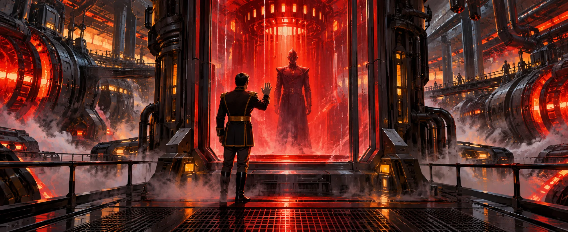 An officer presses his hand to the glass of a red-lit reactor chamber where another figure stands inside, in a starship's engine room.