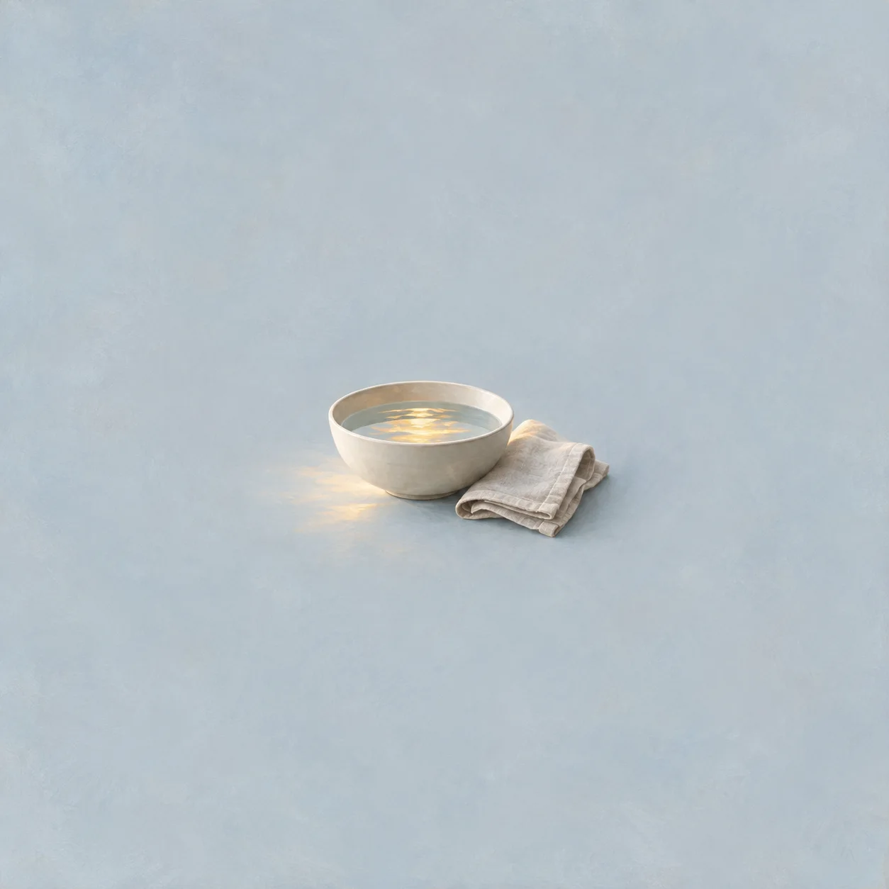 A white bowl of water reflects golden light beside a folded linen cloth against pale blue-grey.