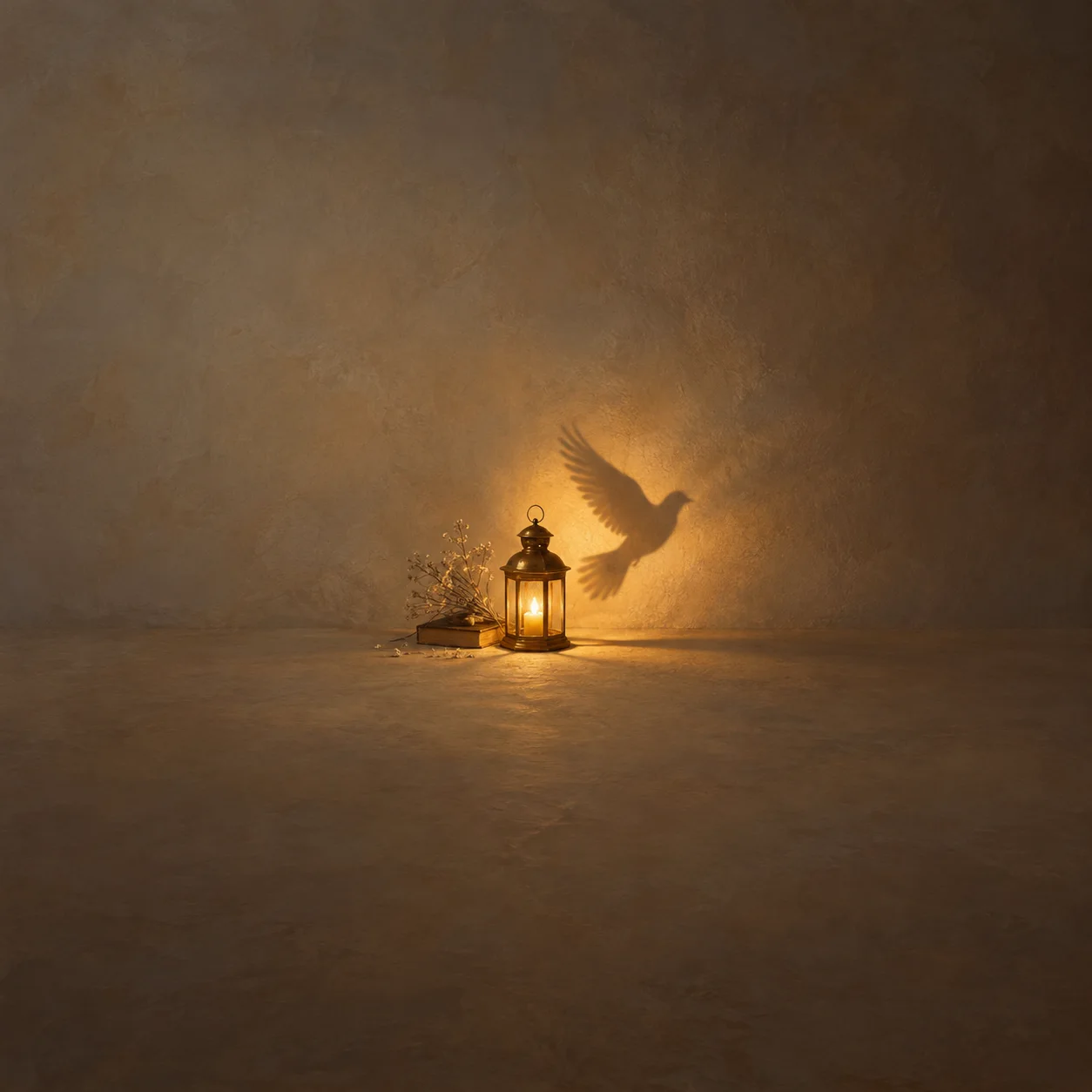 Painterly glowing brass lantern casting a bird-shaped shadow on a warm wall.