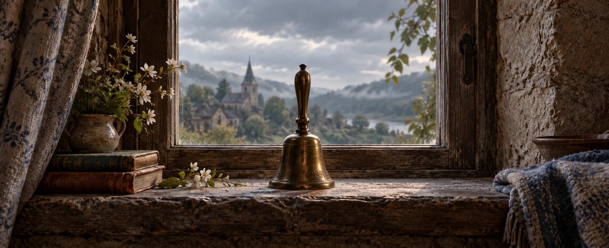 A small bronze handbell stands on a rough village windowsill beneath a grey morning sky.