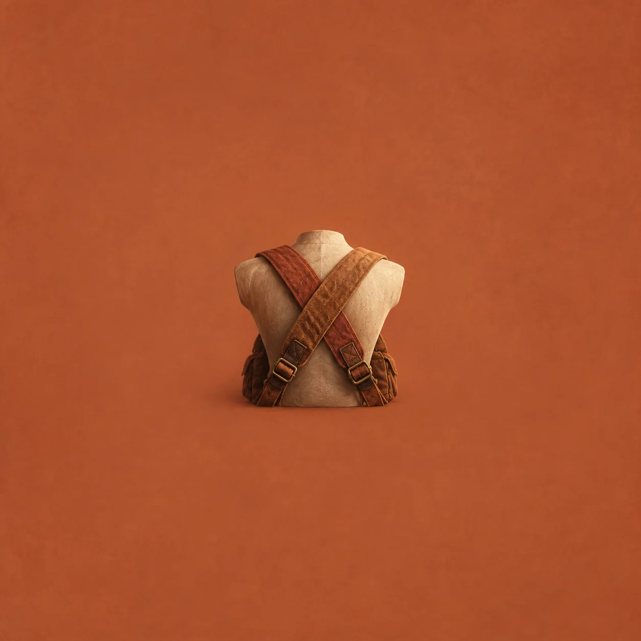 Two brown canvas straps cross over a headless cloth torso form against a terracotta background.