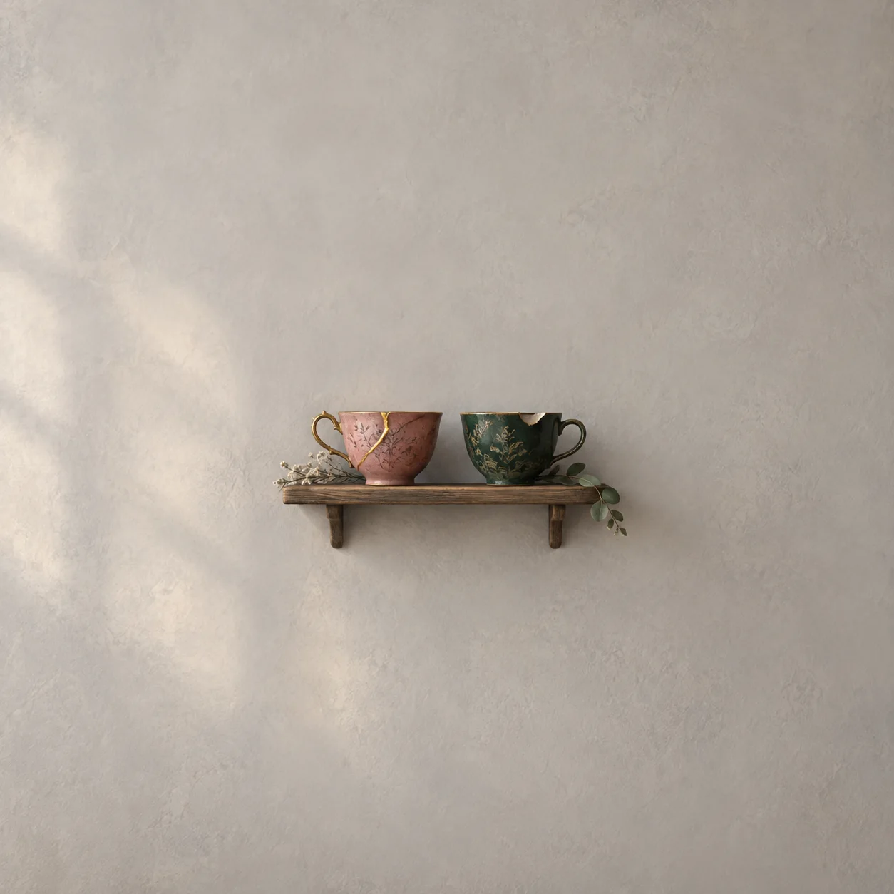 Two mismatched teacups, one pink with a gold repair and one chipped green, sit on a small wooden shelf.
