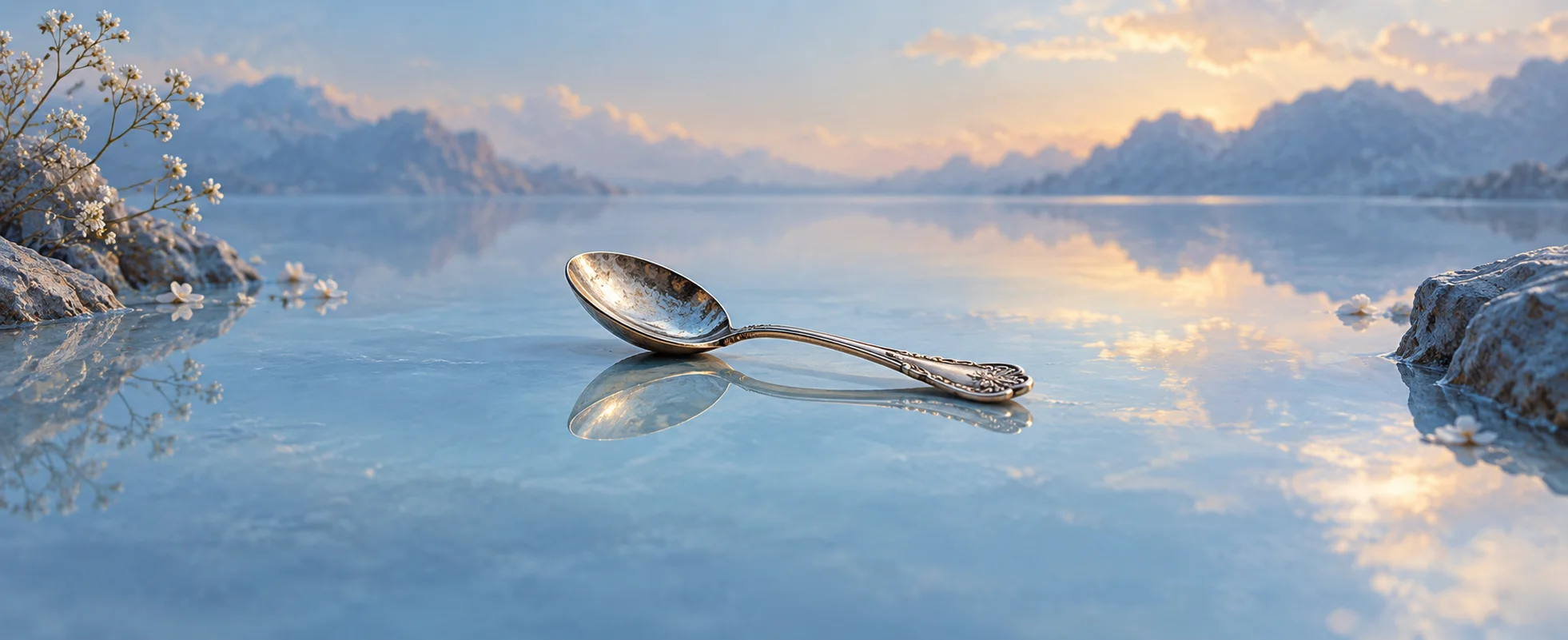 A small silver spoon lies beside its soft reflection on a still pale blue surface.
