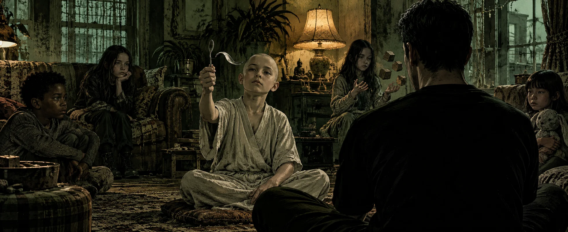 A bald boy in a pale robe sits cross-legged holding up a bending spoon in a shabby living room full of children, a man in black seated facing him.