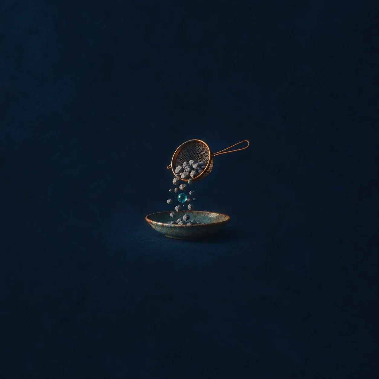 A wire sieve pouring gray pebbles and teal beads into a shallow dish against a navy background.