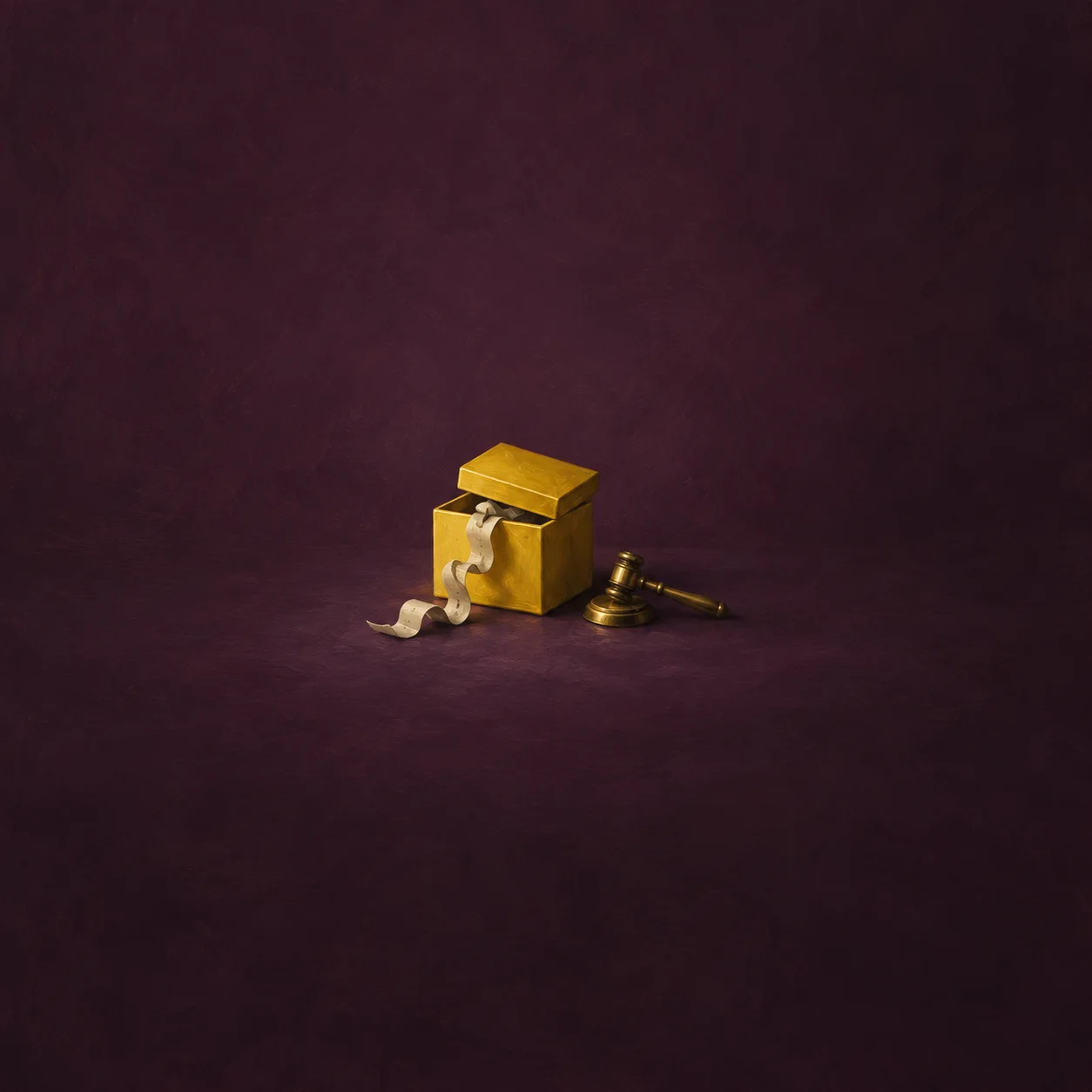 An open mustard-yellow box with a paper strip trailing from it beside a small brass gavel on a plum background.