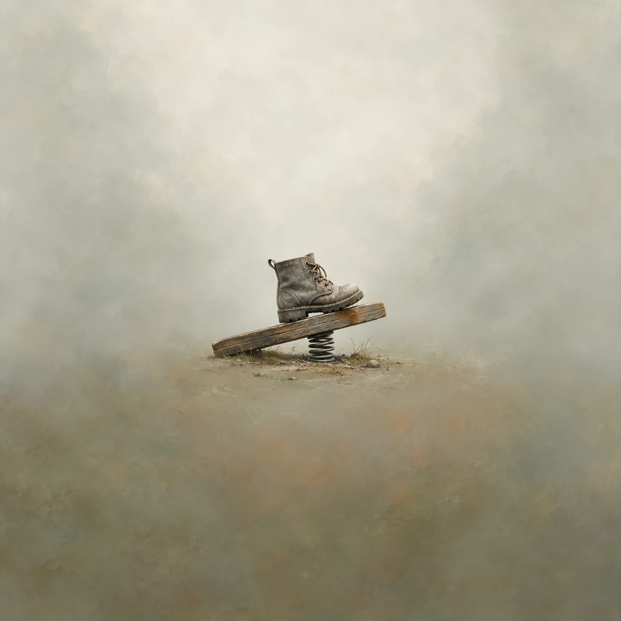 A worn grey boot rests on a tilted wooden plank supported by a compressed metal spring.