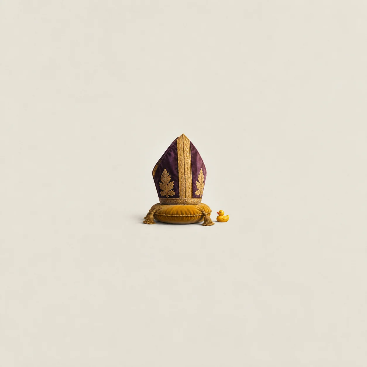 A pointed purple-and-gold ceremonial hat rests on a gold cushion beside a tiny yellow rubber duck.