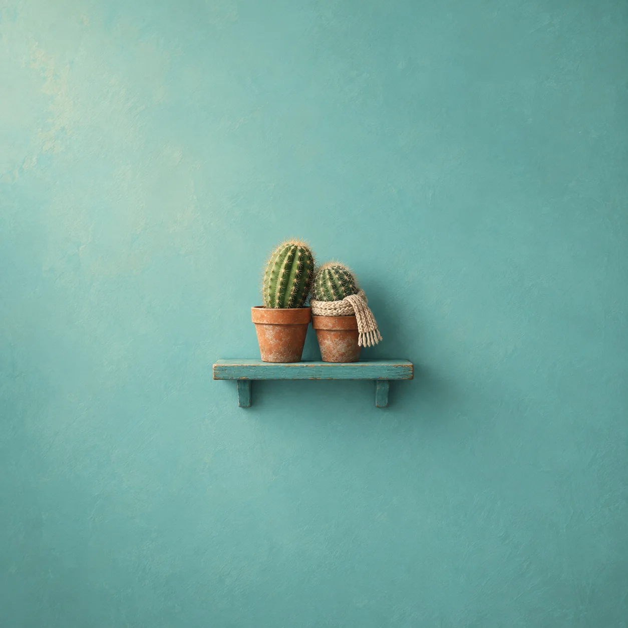 Two small potted cacti standing close together on a turquoise shelf, with a knitted scarf around one.