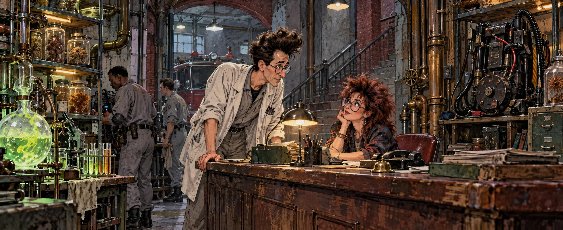 A lanky bespectacled scientist leans over a reception desk toward a secretary with big glasses in a cluttered firehouse.