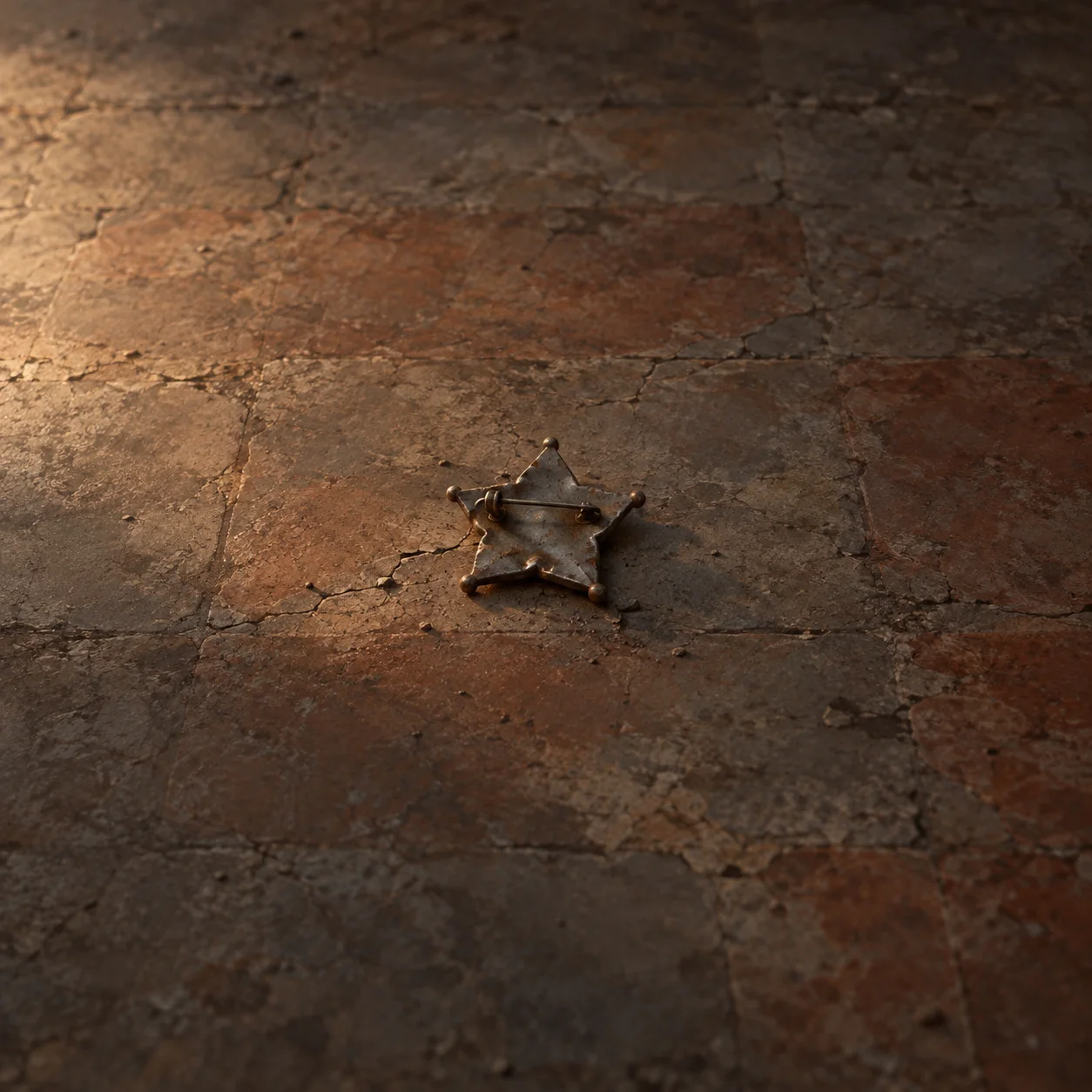 The back of a dented six-pointed star badge, including its pin, rests on cracked brown tile.