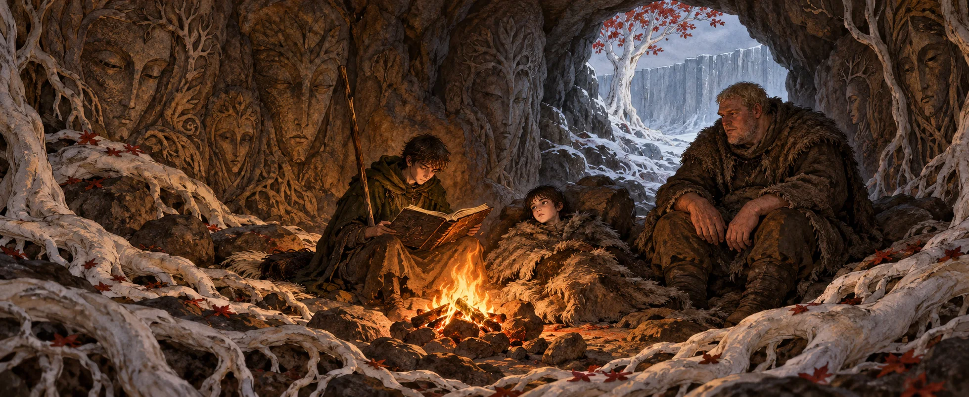 A thin boy reads by a fire in a root-filled cave as a pale boy rests under furs and a huge, gentle man sits nearby, a white tree glimpsed outside.