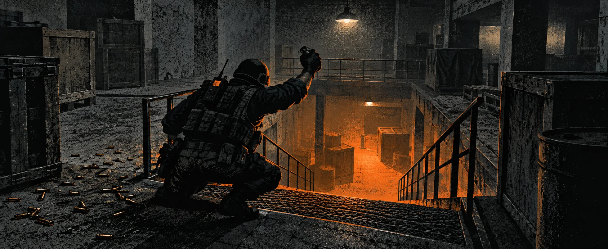 A soldier in body armour crouches on a stairwell, about to throw a grenade into a warehouse.