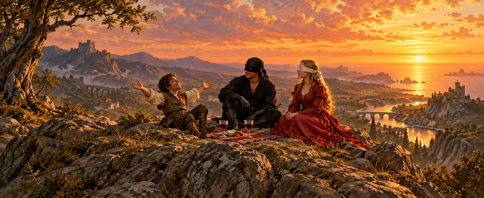 A small man laughs with his arms flung wide at a hilltop picnic, facing a masked man in black beside a blindfolded woman in red.