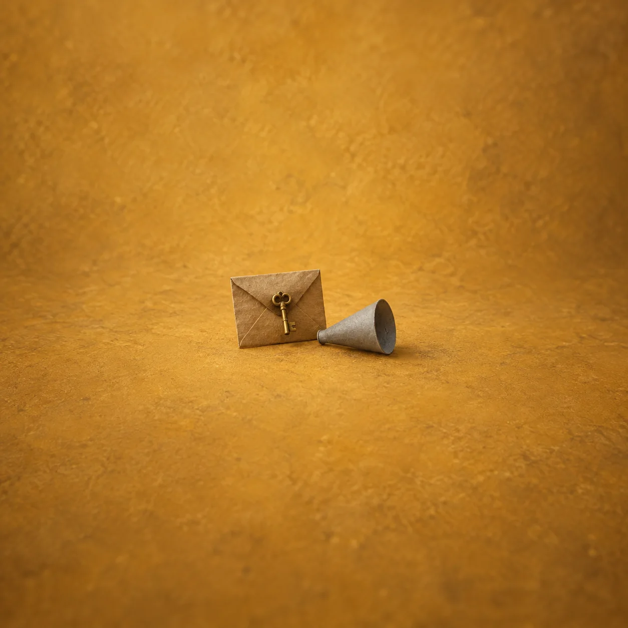 A closed brown envelope with a small brass key in its flap beside a small gray paper cone on a saffron surface.