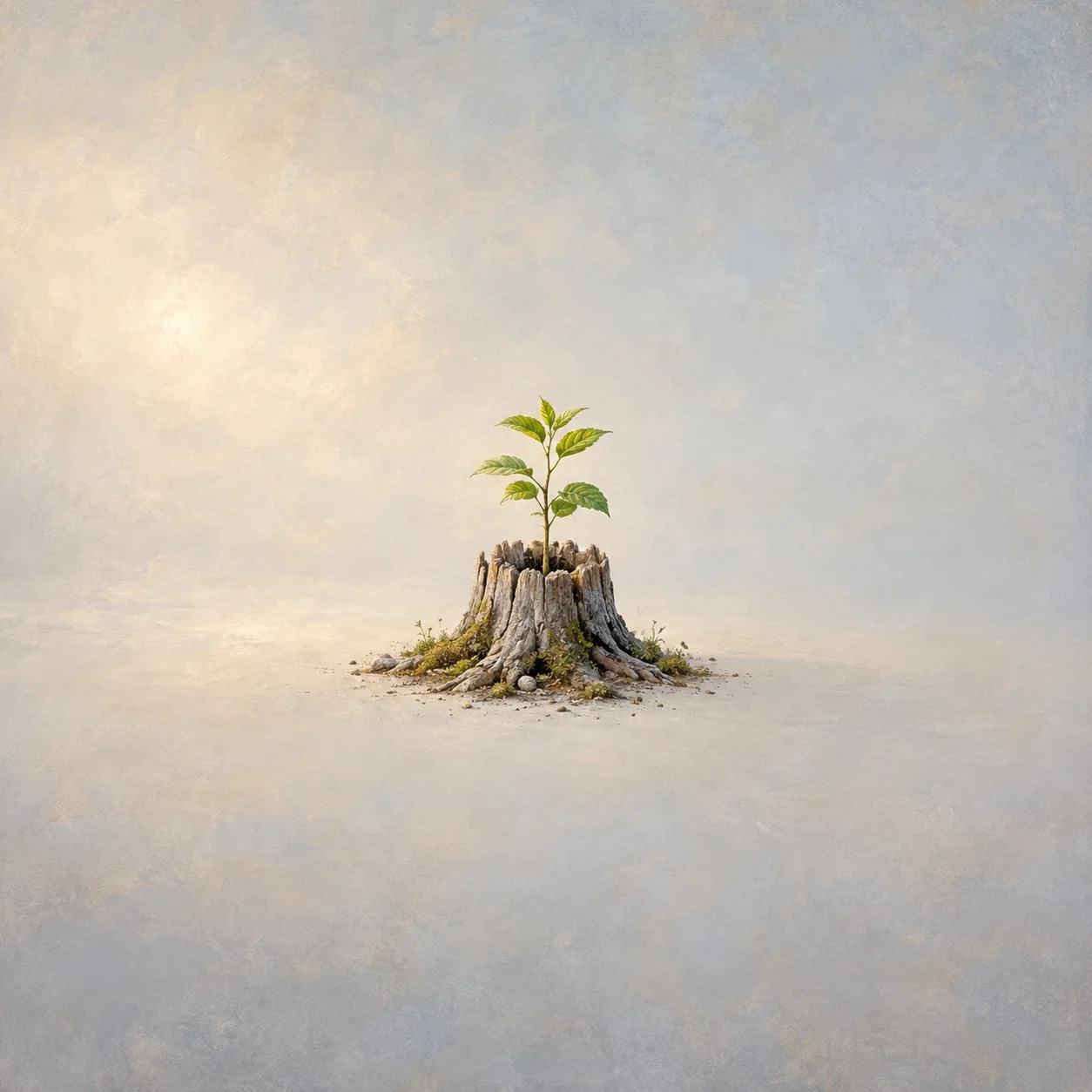 Painterly green sapling growing through the centre of a weathered tree stump.