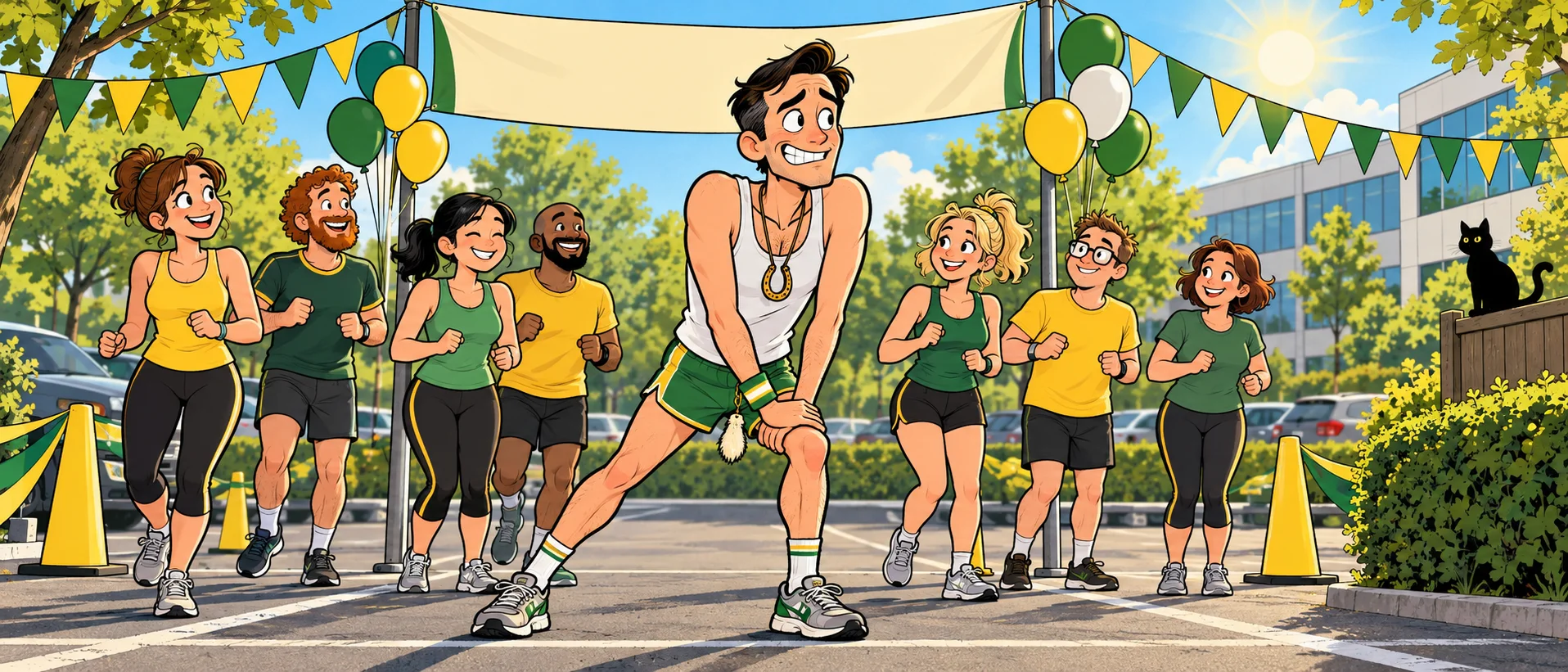 A grinning man in a running vest with a horseshoe charm stretches at the start line of an office fun run, coworkers behind him and a black cat on a fence.