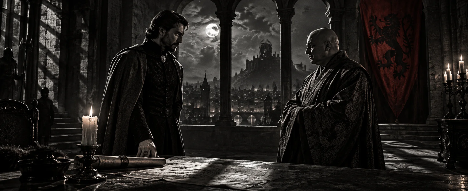 A bearded schemer in a dark doublet turns to a bald man in long robes in a candlelit stone hall, a moonlit city beyond the arches, in black and white.