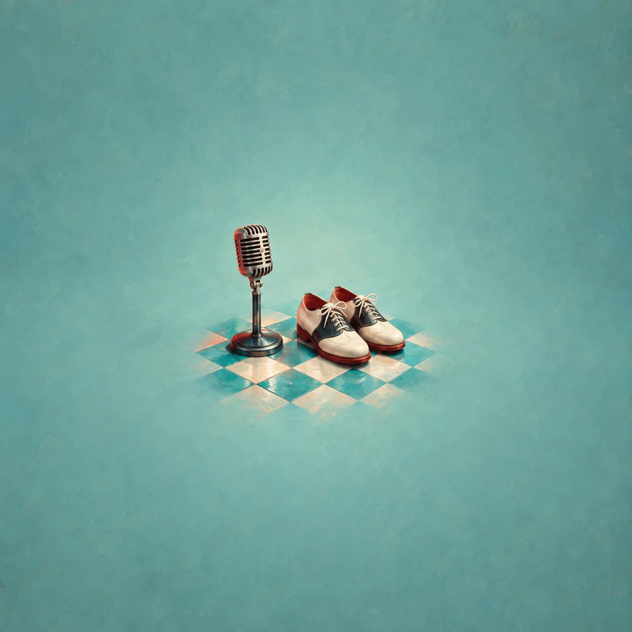 A vintage microphone stands beside two-tone shoes on a turquoise and cream checked tile.