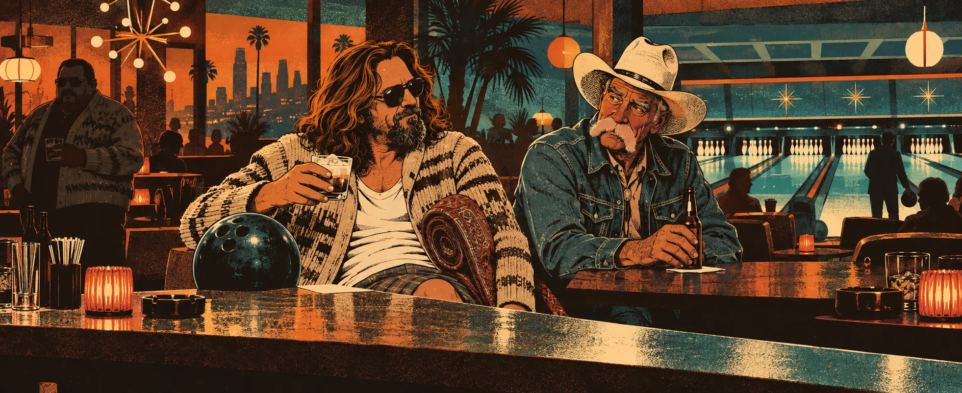 A shaggy man in a cardigan with a White Russian sits at a bowling-alley bar beside an old cowboy with a white moustache and Stetson.
