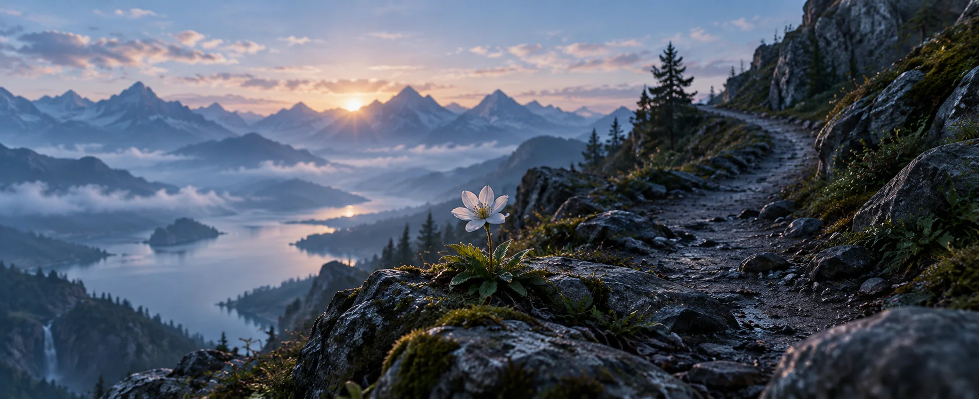 A pale dawn illuminates a small yellow flower beside a dark winding mountain path.