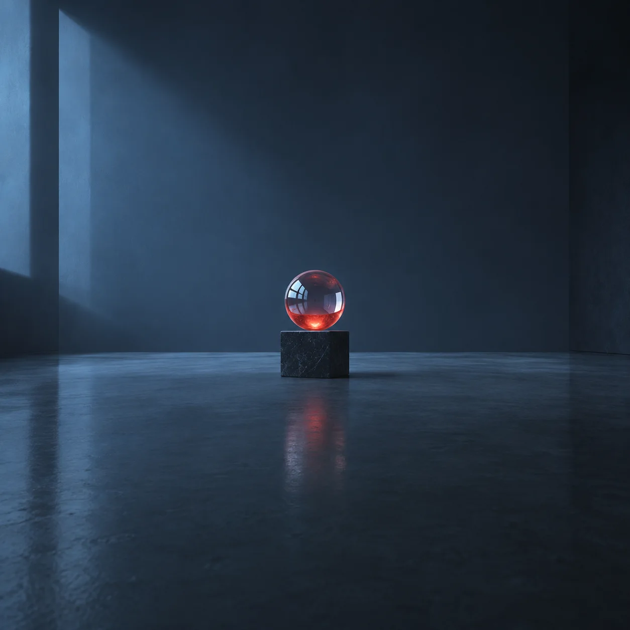 A clear glass sphere glows red at its base on a black pedestal in a cool blue room.