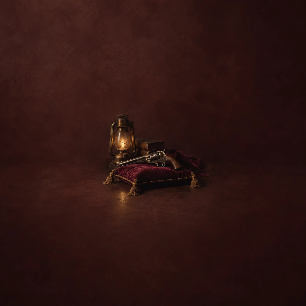 Painterly old revolver on a burgundy cushion beside a lit lantern.