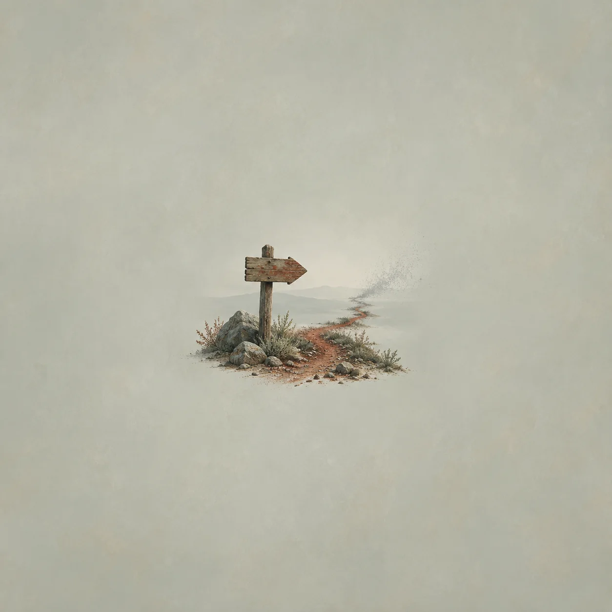 A wooden arrow sign beside a winding rust-colored path fading into a pale gray landscape.