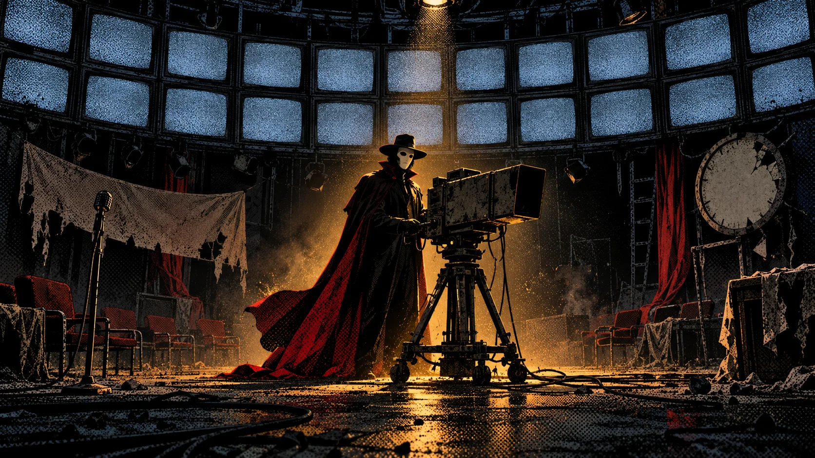 A masked figure in a red-lined cape stands at a camera in a derelict television studio beneath a wall of dark monitors.