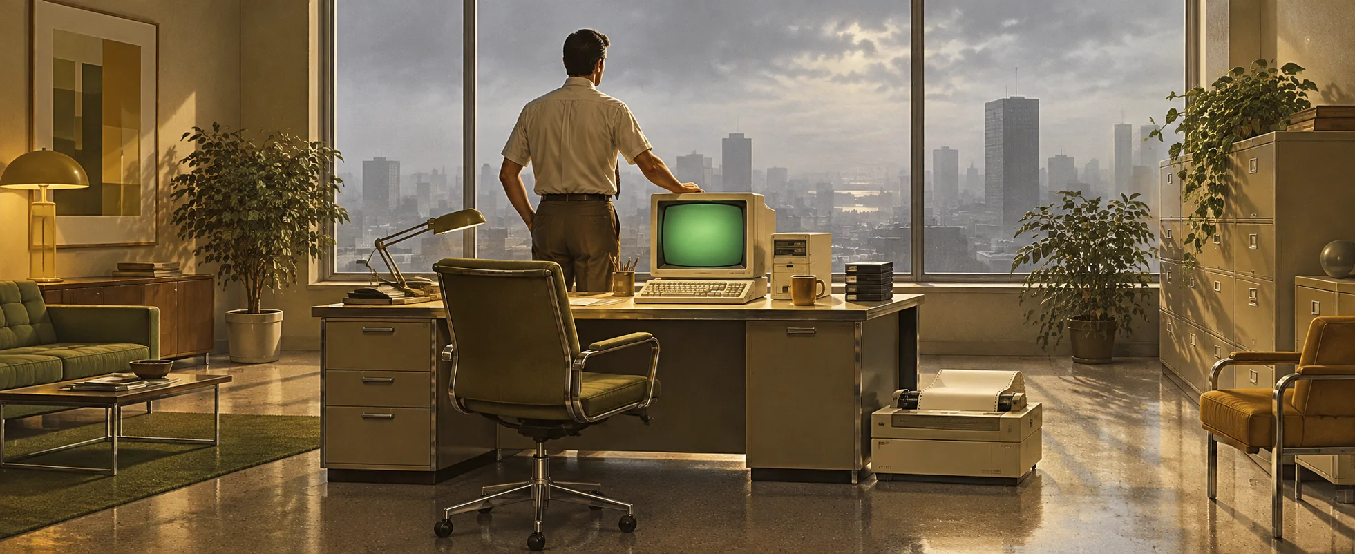 A man in a short-sleeved shirt stands at a desk with a beige early-1980s computer and green-screen monitor in an office overlooking a grey city.