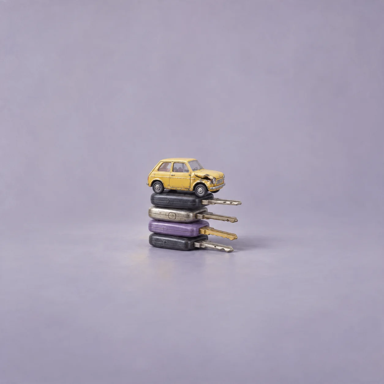 A dented yellow toy car on a stack of four mismatched keys against a grey-lilac background.