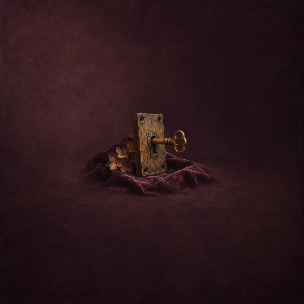 An old brass key projects from a weathered lock plate resting on dark plum fabric.