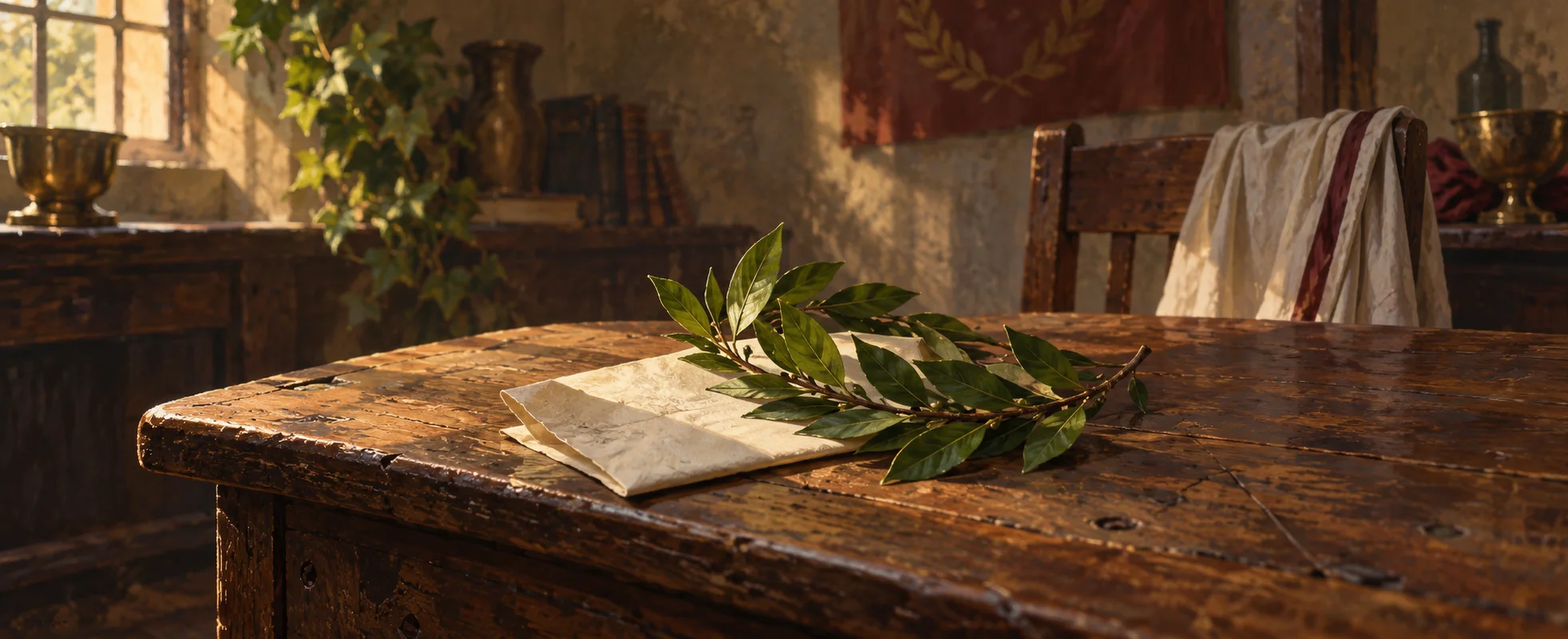 A green laurel branch rests on folded ivory cloth on a battered wooden college desk.