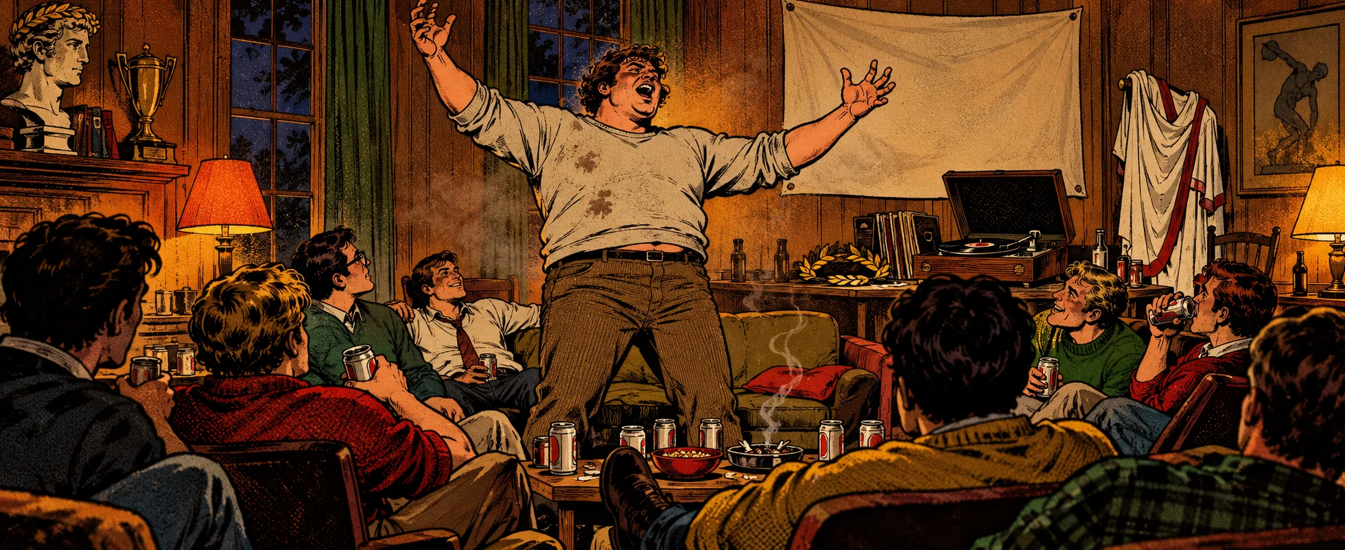 A big student in a sweatshirt stands with his arms flung wide, shouting, as his fraternity brothers look up from their beers.