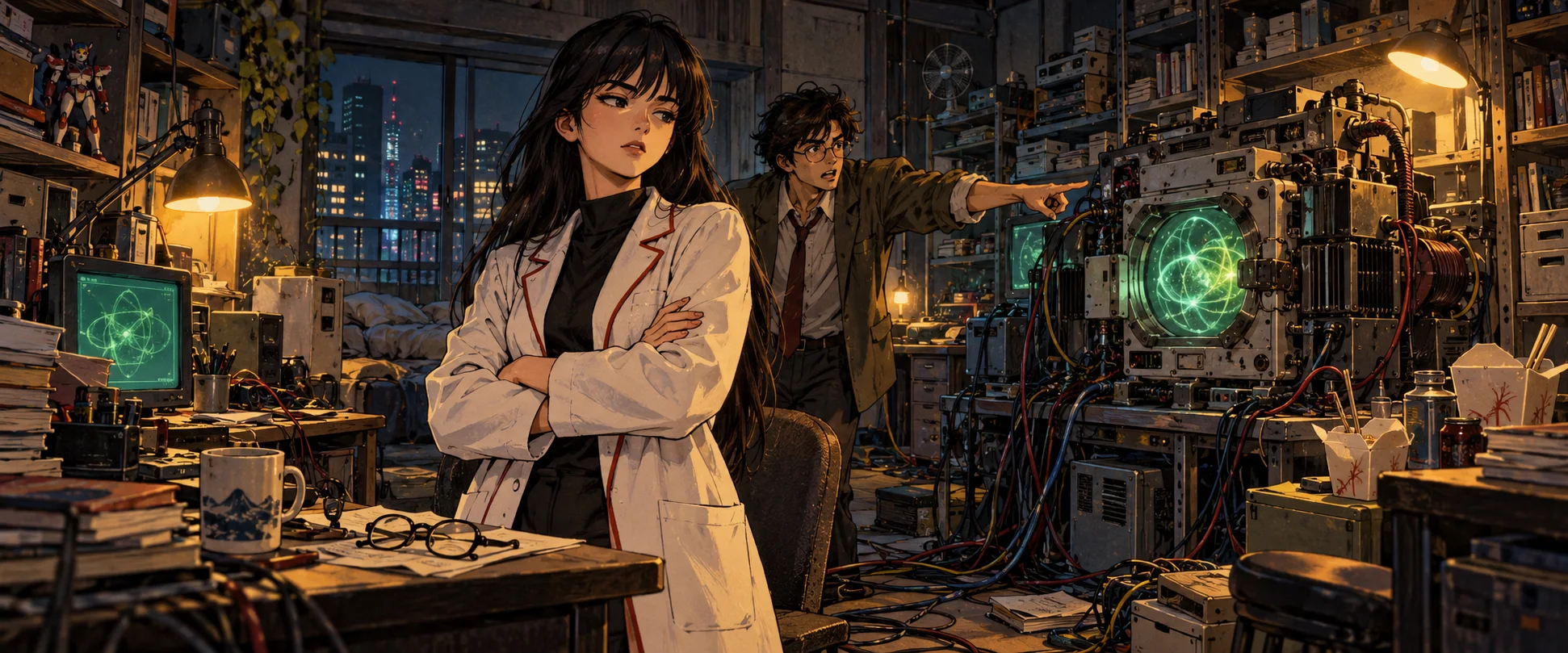 A young woman in a lab coat folds her arms in a cluttered lab as a man points at a glowing machine.