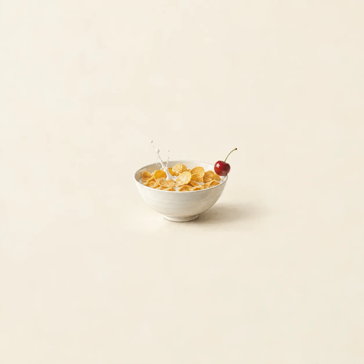 Painterly white bowl of cornflakes and splashing milk with a red cherry perched on the rim.