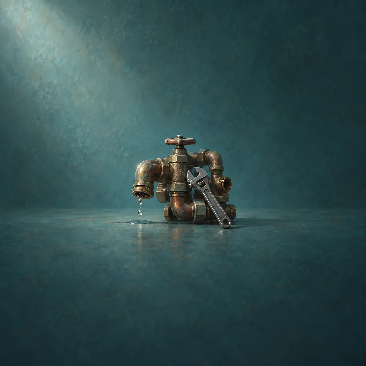 A silver wrench leans against tangled brass pipe fittings with a dripping tap on a reflective teal surface.