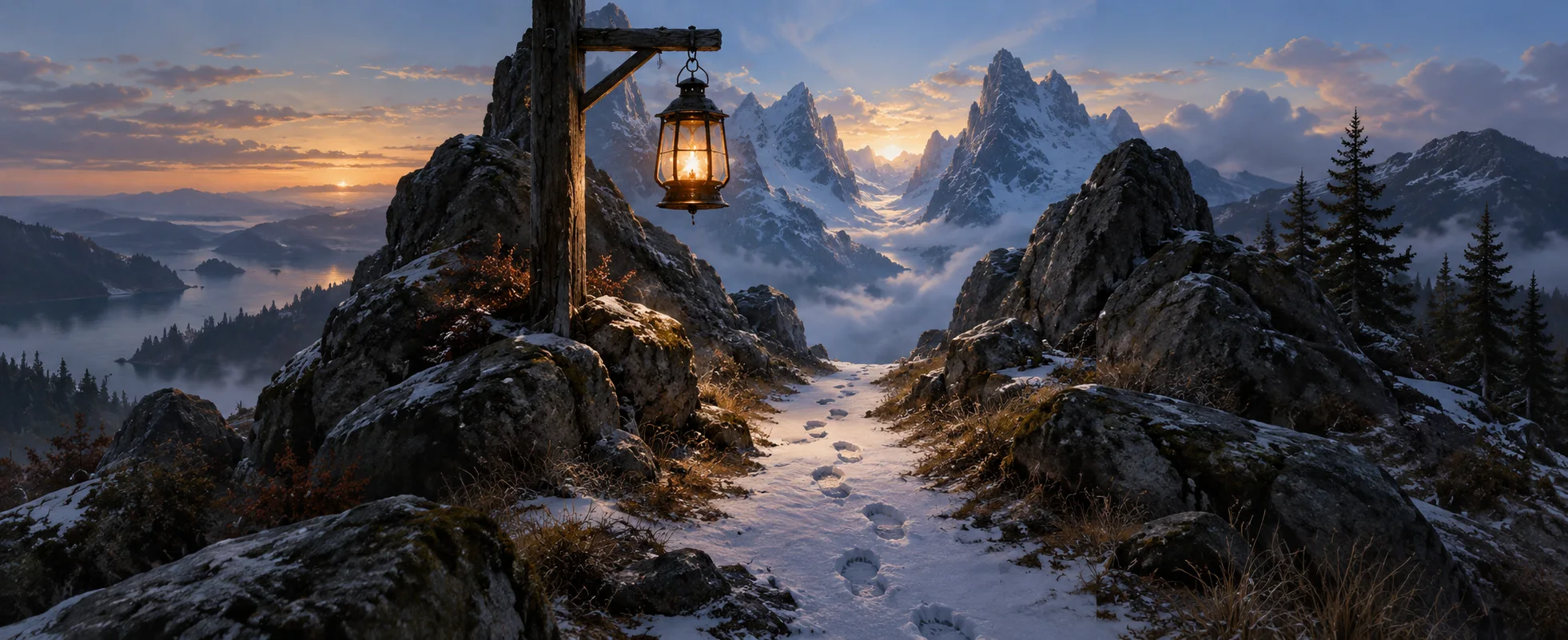 A small warm lantern hangs above a path of footprints continuing into a luminous blue mountain pass.