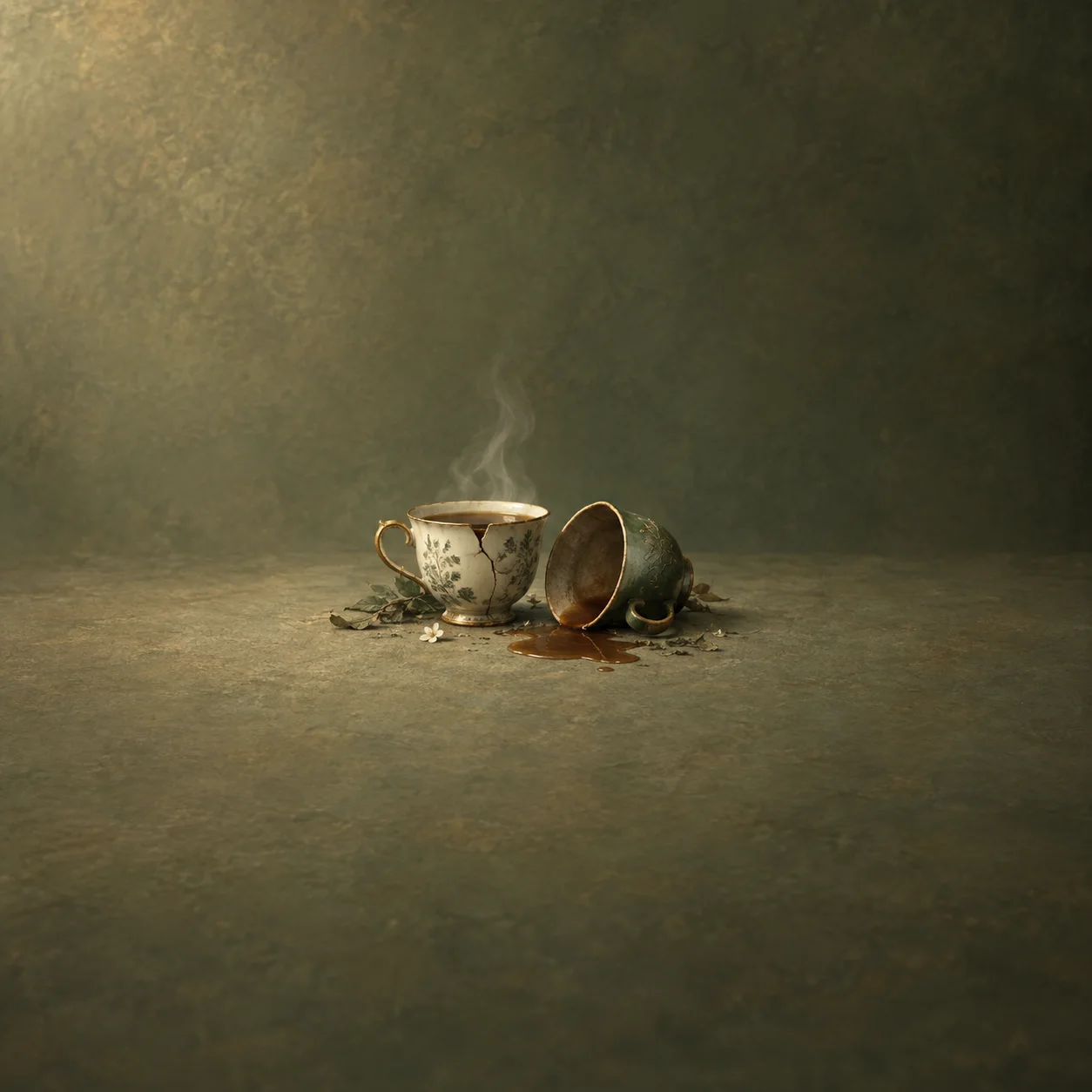 One teacup steams beside another tipped onto its side, with spilled tea across an olive-green surface.