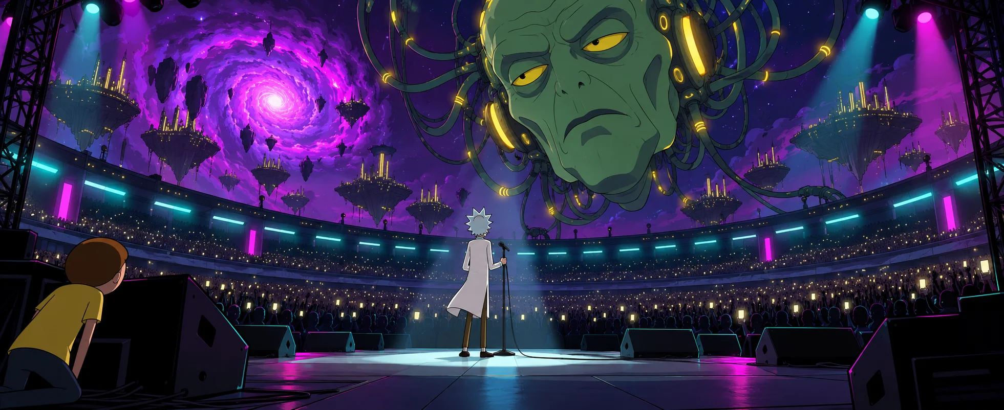 A wild-haired scientist in a lab coat steps up to a microphone on a vast stadium stage as a colossal floating head looms in the purple sky above.
