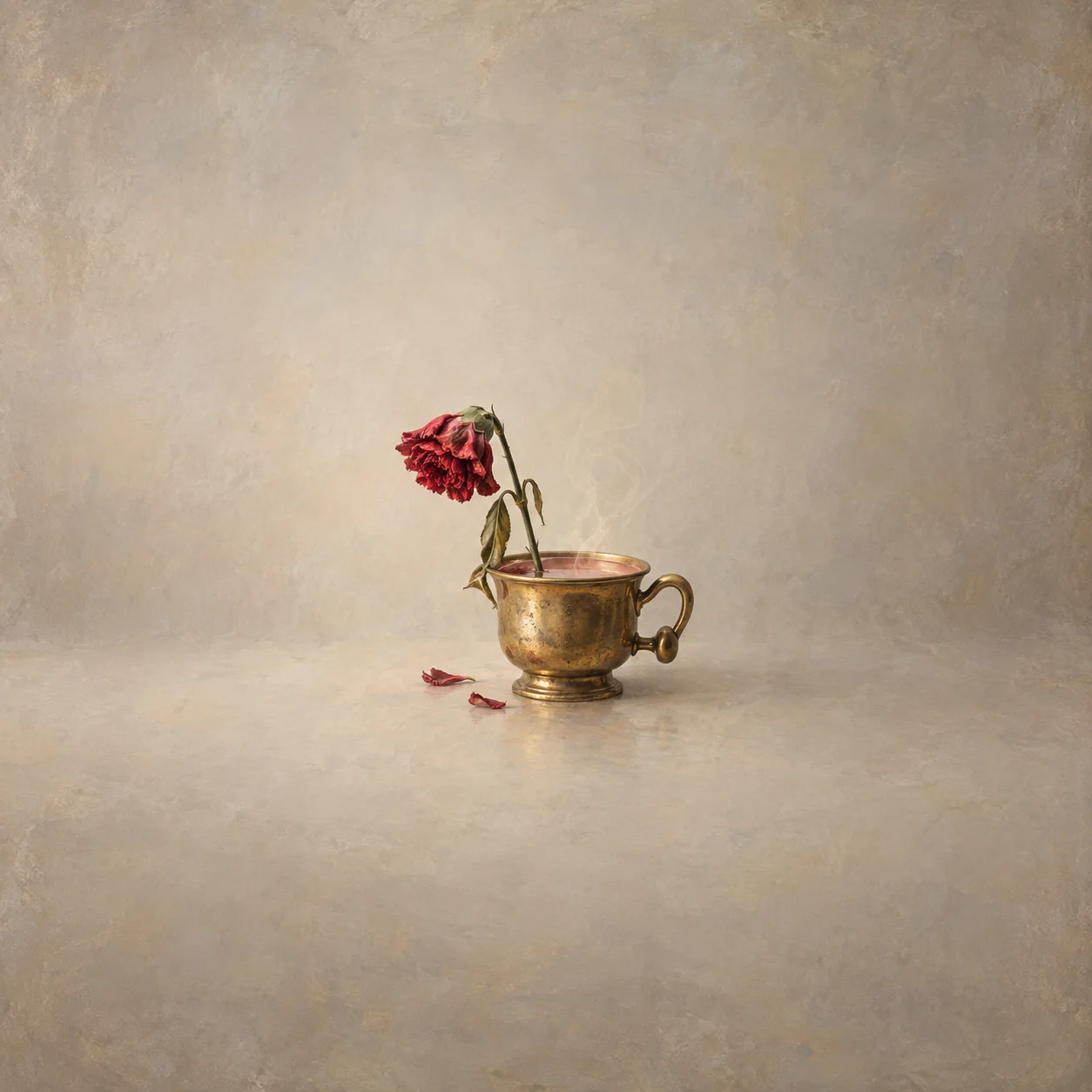 Painterly drooping red carnation in a brass cup with fallen petals on cream.