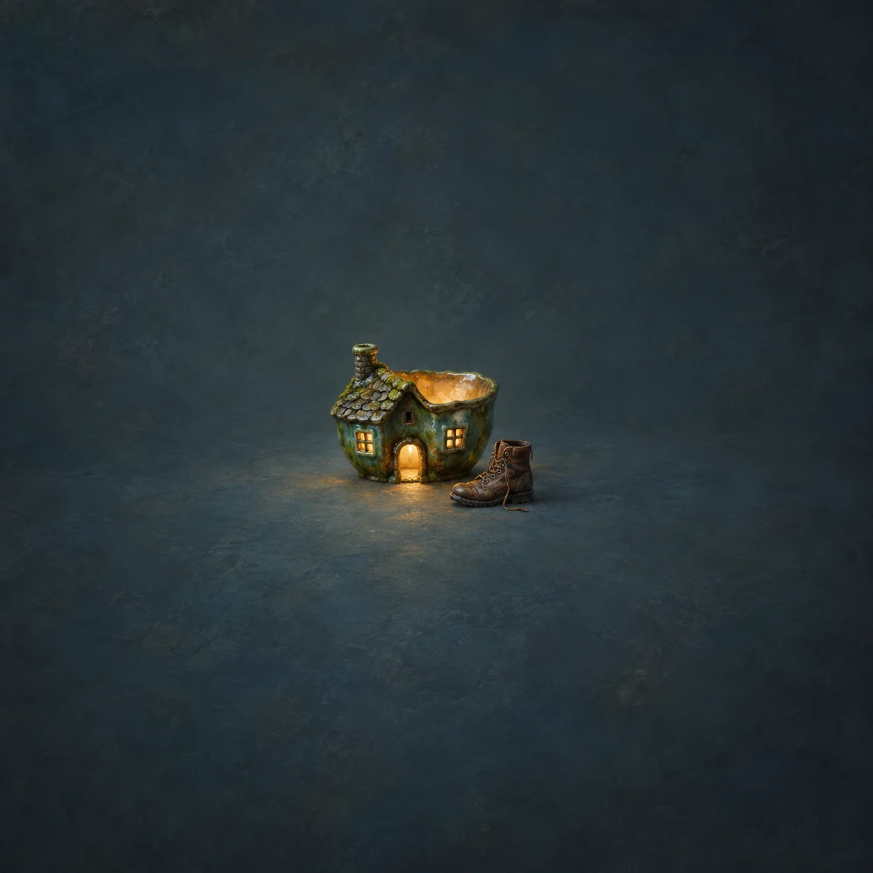 A small green ceramic cottage glowing from its doorway and windows, with a worn boot beside it.