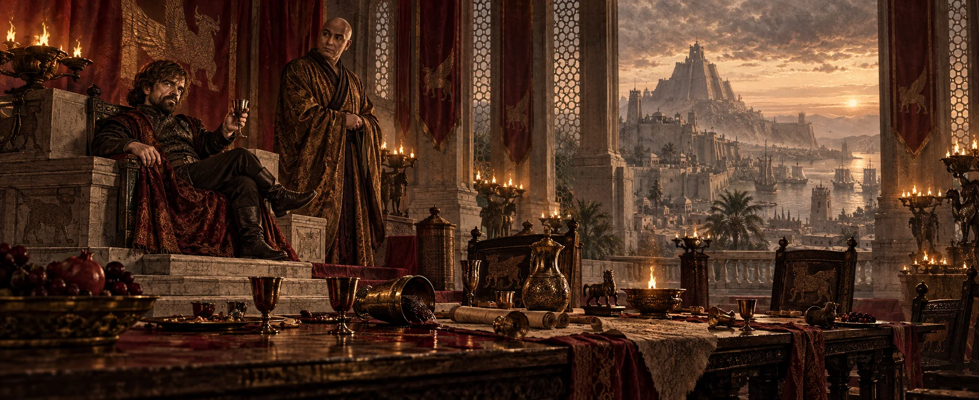 A short man lounges with a goblet on the steps of a throne in a vast pyramid hall overlooking a sunlit city, a bald robed man beside him.