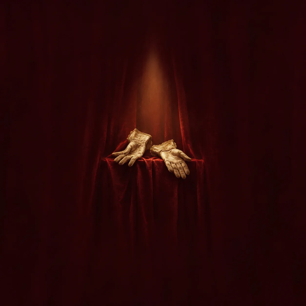 Painterly worn gloves resting palm-up on folds of a red velvet curtain under warm light.
