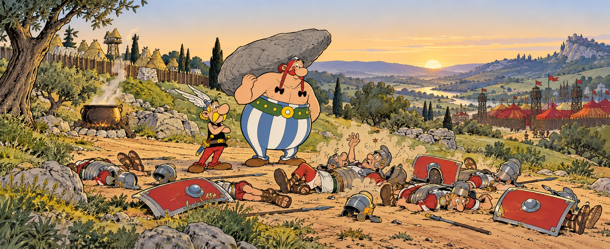 Comic illustration: a small winged-helmet fighter with a blond moustache stands with folded arms beside a huge striped-trousered man carrying a boulder, among defeated legionaries sprawled on a dirt track outside a palisaded village at sunset.