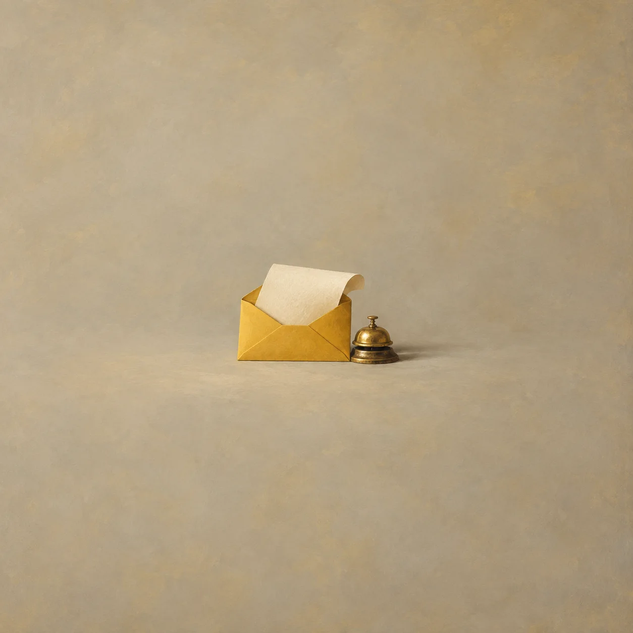 Painterly yellow envelope holding curled blank paper beside a small brass bell on cream.