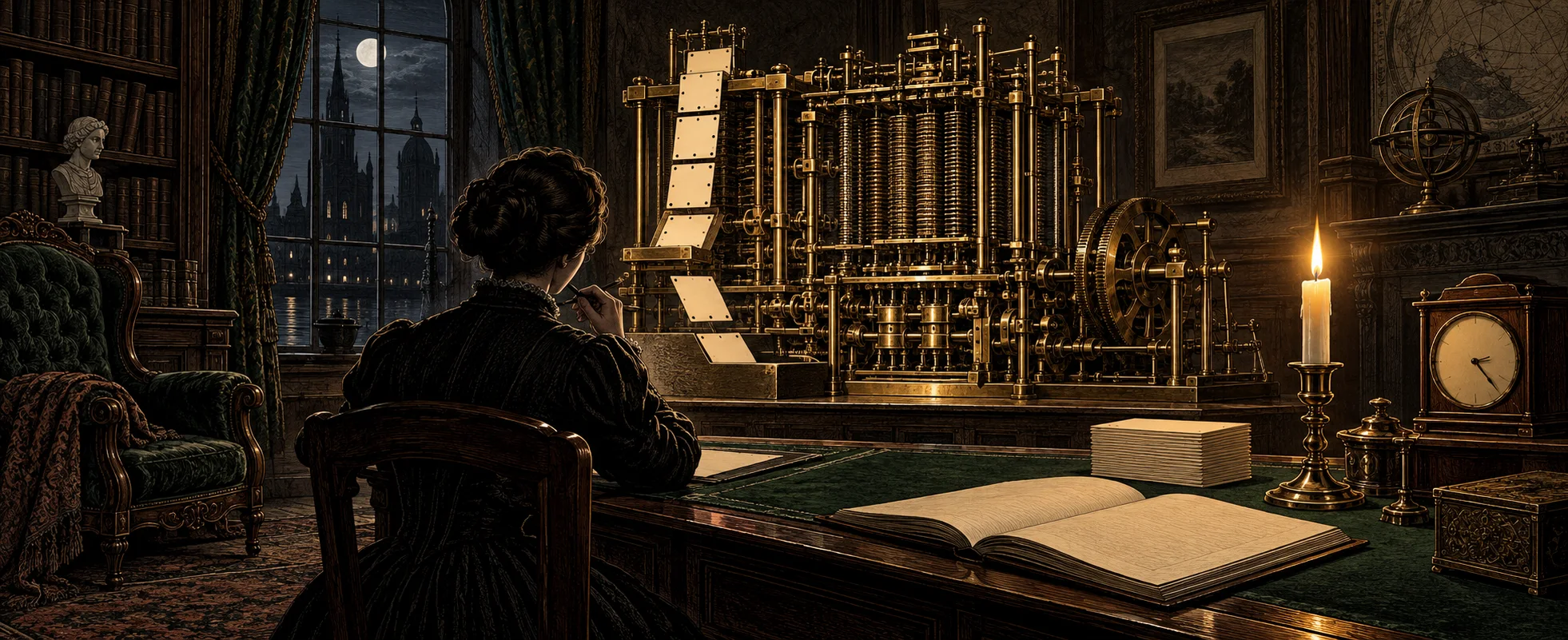 A woman sits at a desk at night beside a brass engine feeding punched cards, a candle and an open notebook before her.
